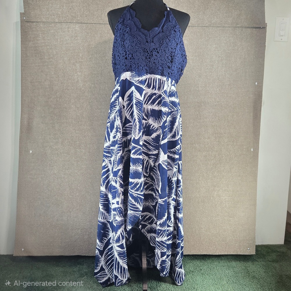 Blooming Jelly Women XL Blue Tropical Crochet Lace Halter High Low Maxi Dress